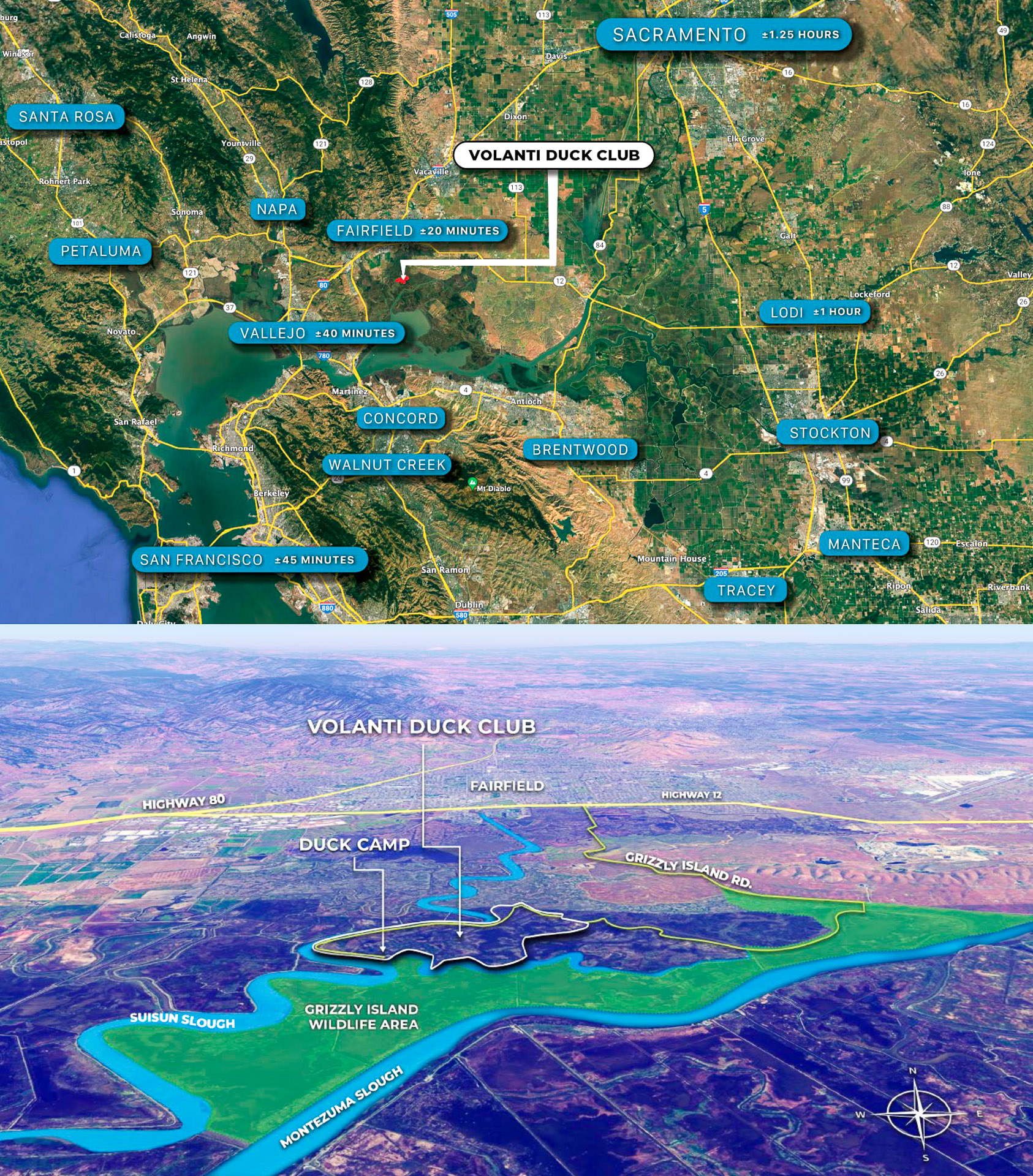 map showing the location and access of Volanti Duck Club in the Suisun Marsh